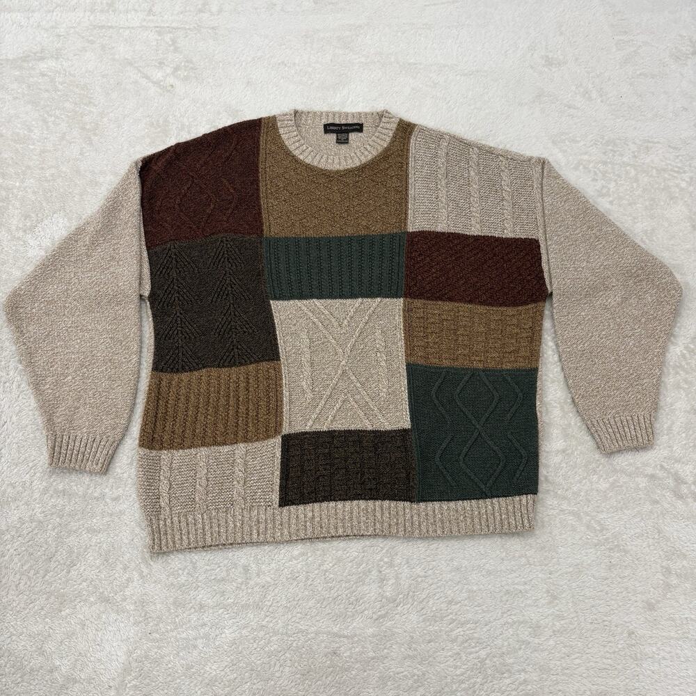 Vintage 90s Liberty Sweaters Mens XL Patchwork Cable Knit Grandpa Sweater USA